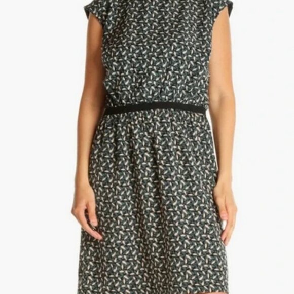 LOFT Sleeveless Boat Neck Teal Multi Natural Leaf Print Fit & Flare Dress Size S - Picture 2 of 4